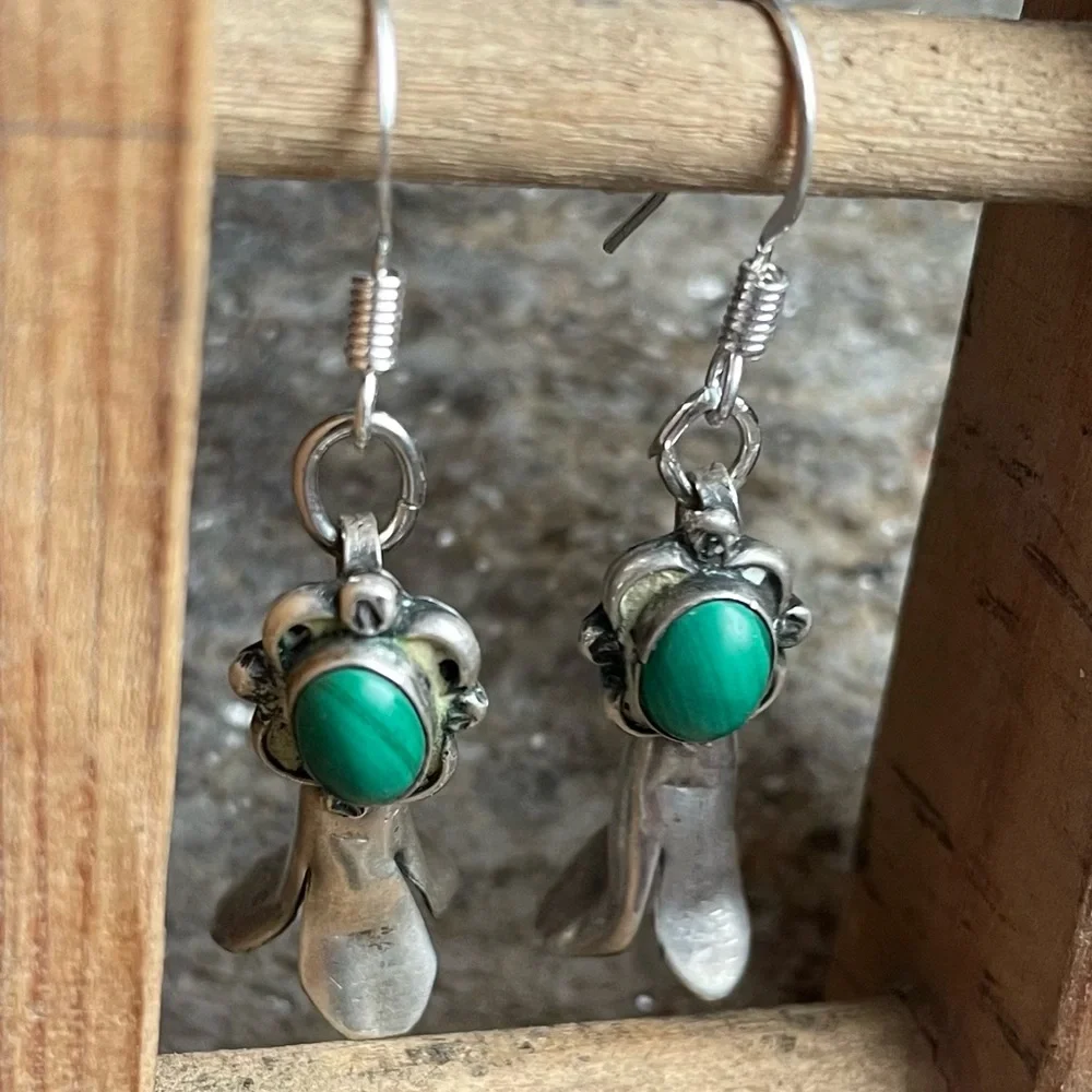 VTG Native American malachite squash blossom OOAK sterling earrings - Picture 8 of 10